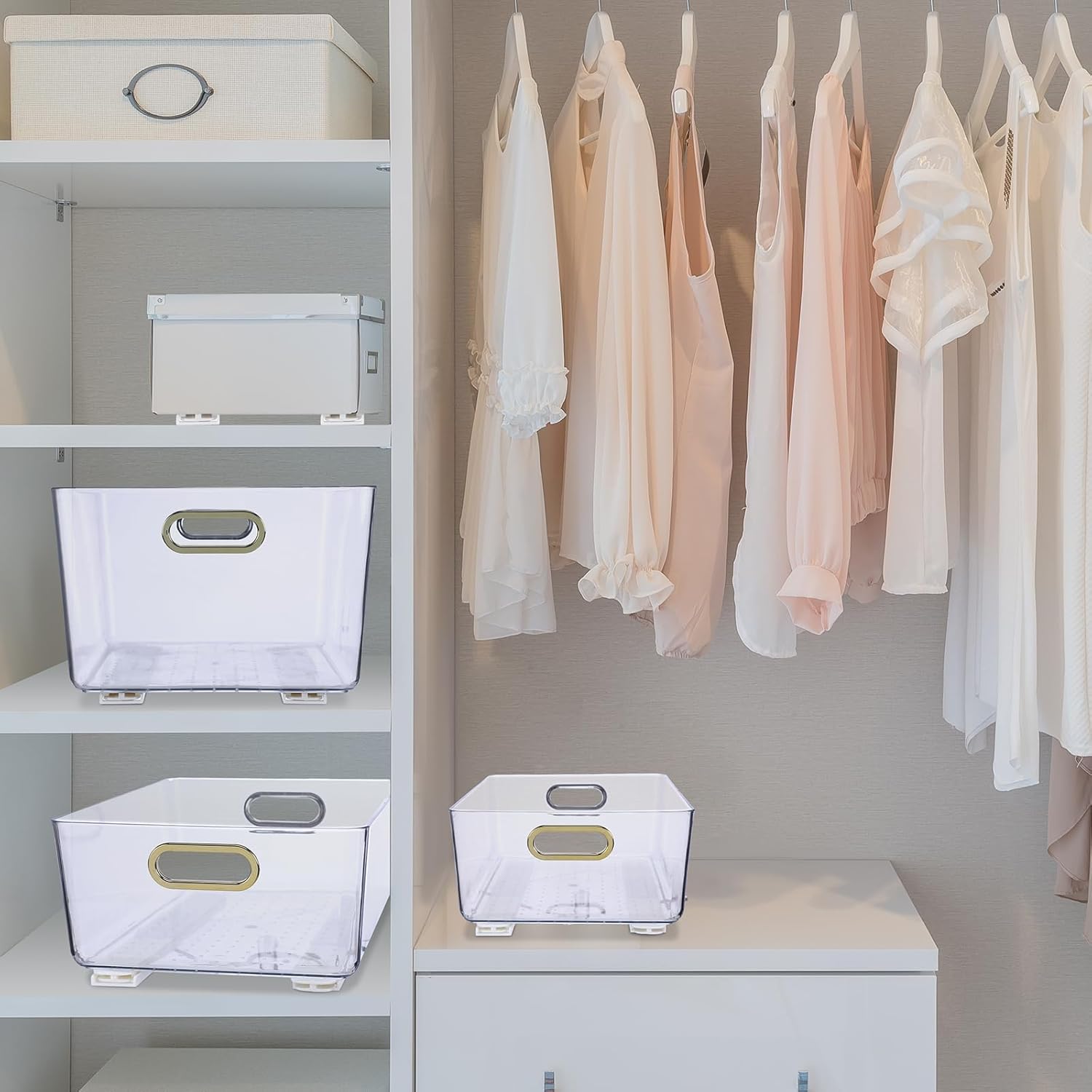 8 Pcs Clear Pull out Cabinet Organizer with 4 Pcs Adhesive Sliders Rails, Pull out Drawer Organizer Accessories Plastic Slide Storage Drawer for Office Kitchen Bathroom Home School